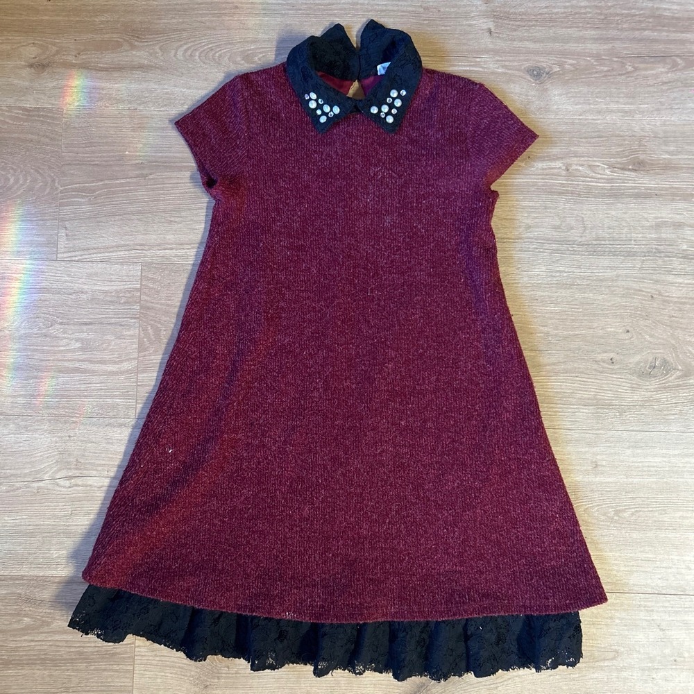 Wonder Works Girls Burgundy Knit Dress Lace Pearl Collar Black Hem Size 10